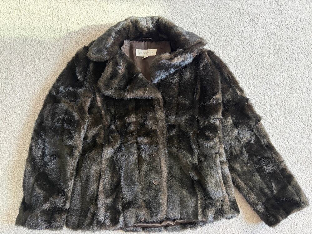 Vintage Liz Claiborne Black/Brown Faux Fur Large Jacket Women's (0051)